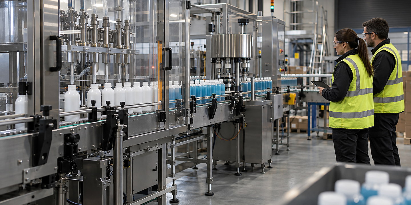 Pre-made spouted pouches indexed through a guarded filling and capping carousel with filled pouches visible on the discharge conveyor.