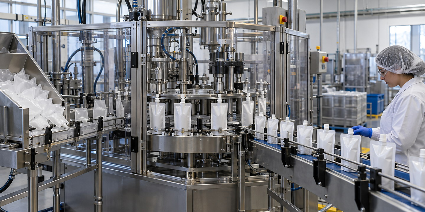 Pre-made spouted pouches indexed through a guarded filling and capping carousel with filled pouches visible on the discharge conveyor.